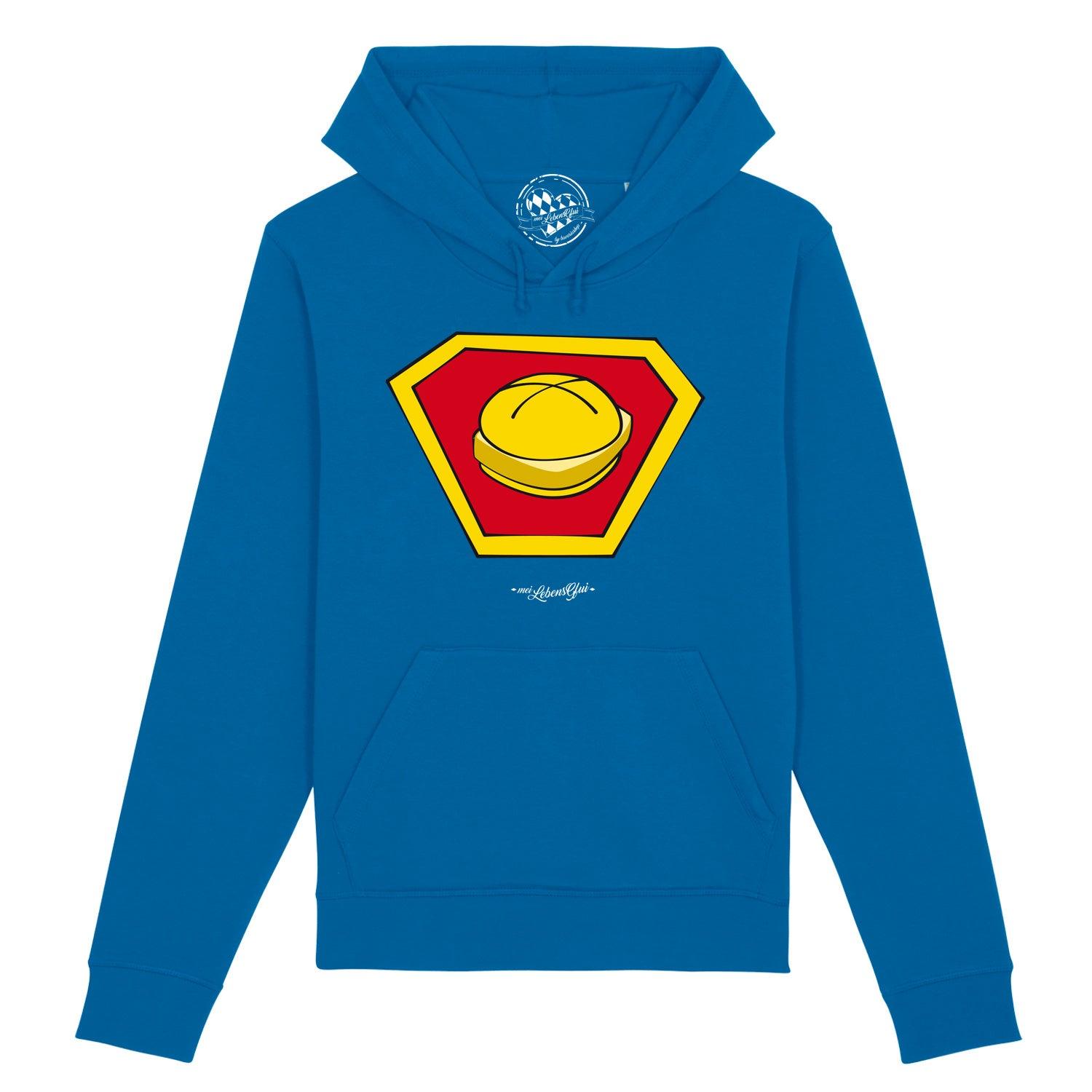Blauer Herren Hoodie "Super-Lewakaas" mit gelb-rotem Comic-Logo eines Leberkaas, Kapuze und Bauchtasche.