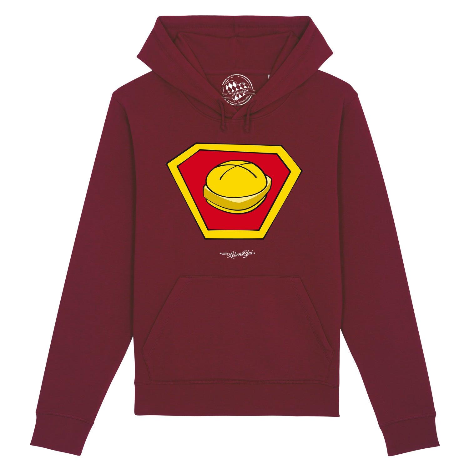 Melierter Herren Hoodie Super-Lewakaas in Burgund mit gelb-rotem superhero-inspiriertem Brezel-Logo und Kapuze