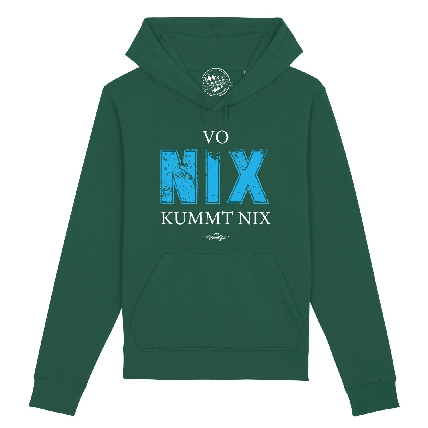 Herren Hoodie "Vo nix kummt nix" in Dunkelgrün mit blau-weißem Statement-Print und Kapuze.
