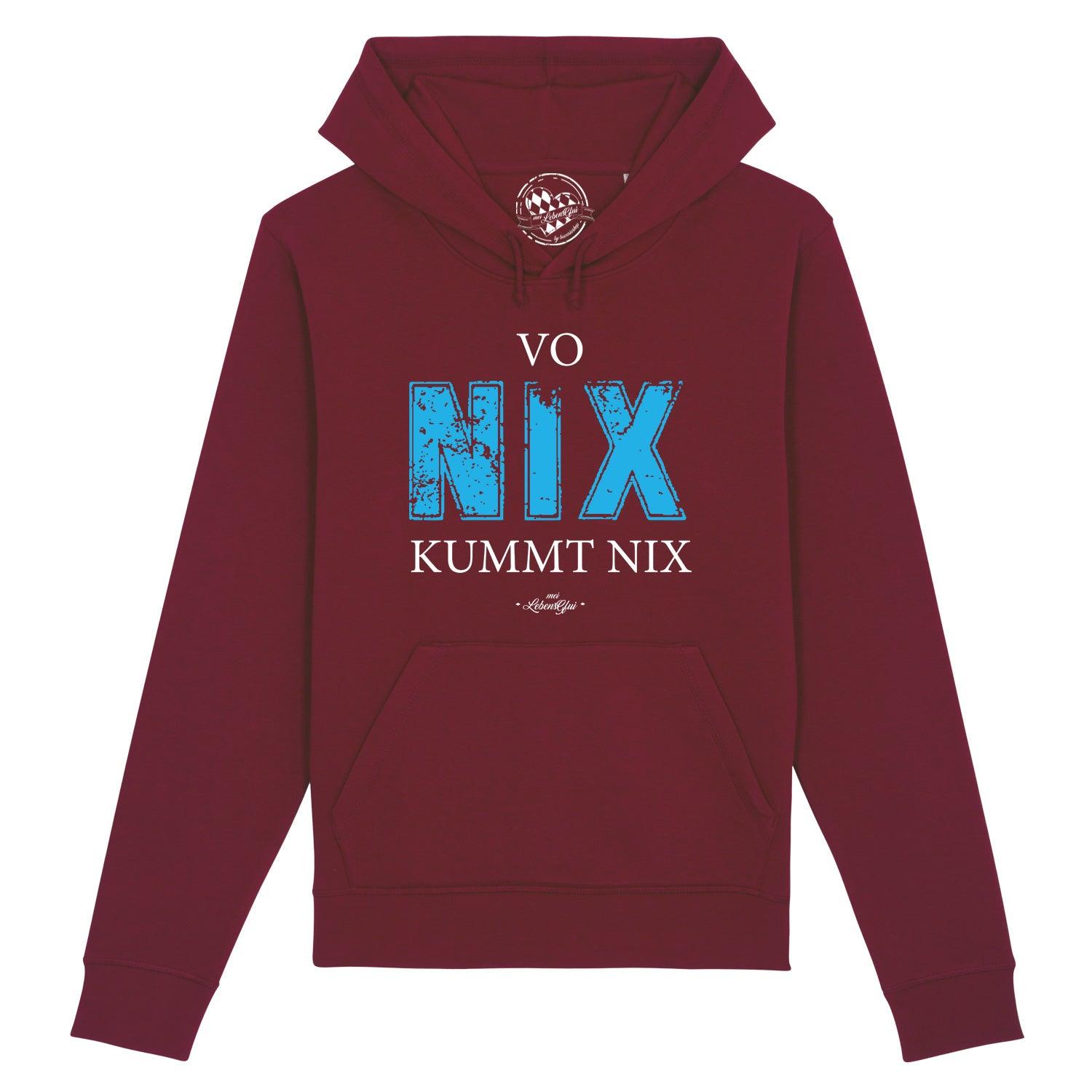 Herren Hoodie Vo nix kummt nix in Bordeauxrot mit blauem Spruch-Print und Kängurutasche.