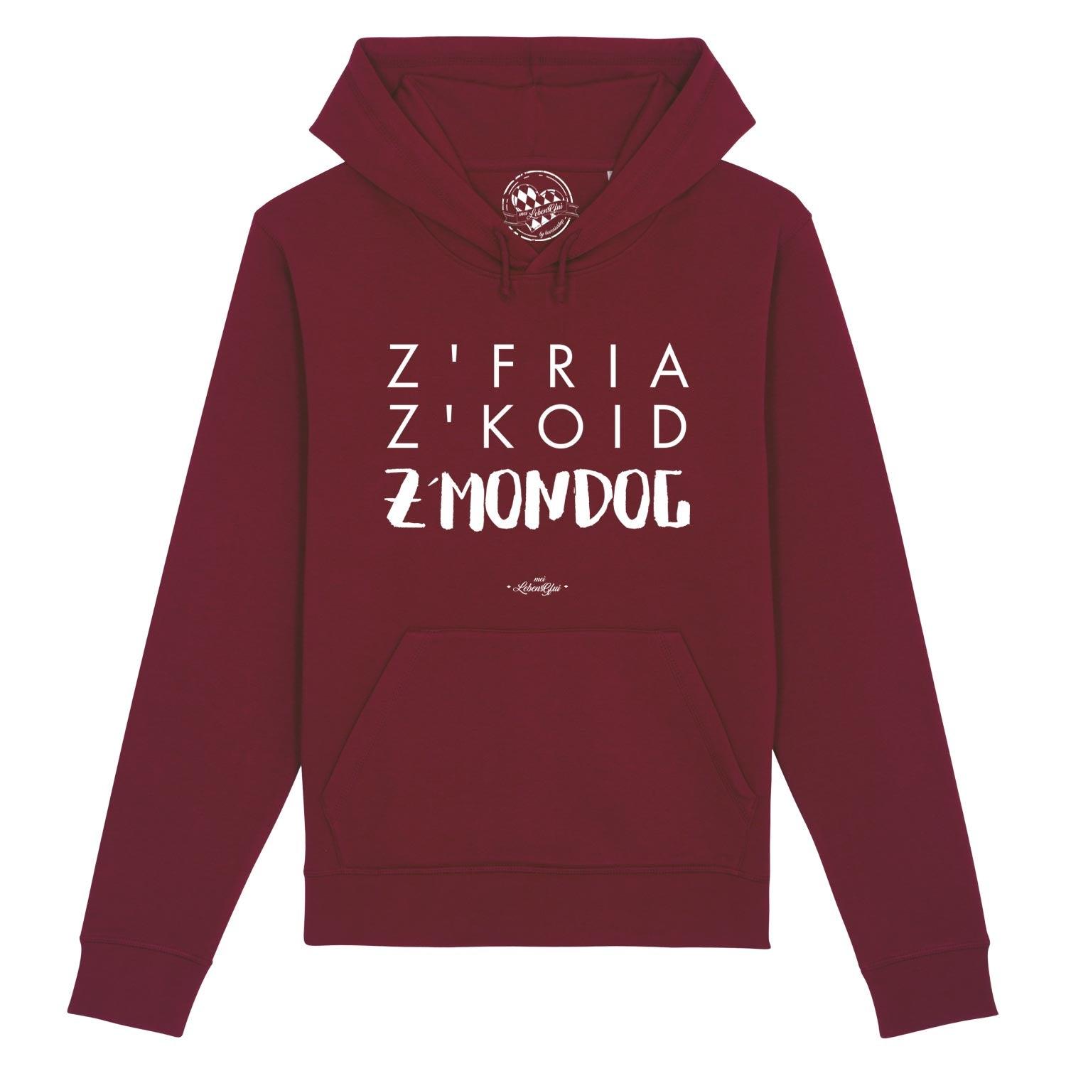 Bordeauxroter Herren Hoodie Z'fria z'koid z'Mondog mit weißem Aufdruck und Kängurutasche.