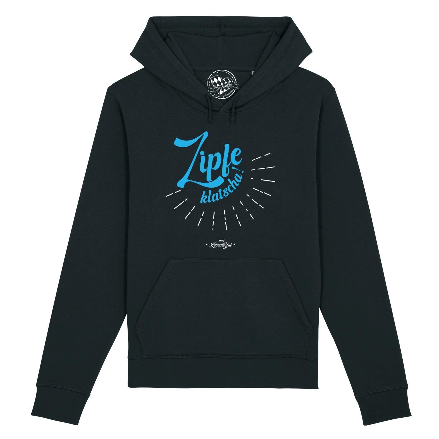 Schwarzer Herren Hoodie "Zipfeklatscha!" mit blauem Aufdruck und Kängurutasche.