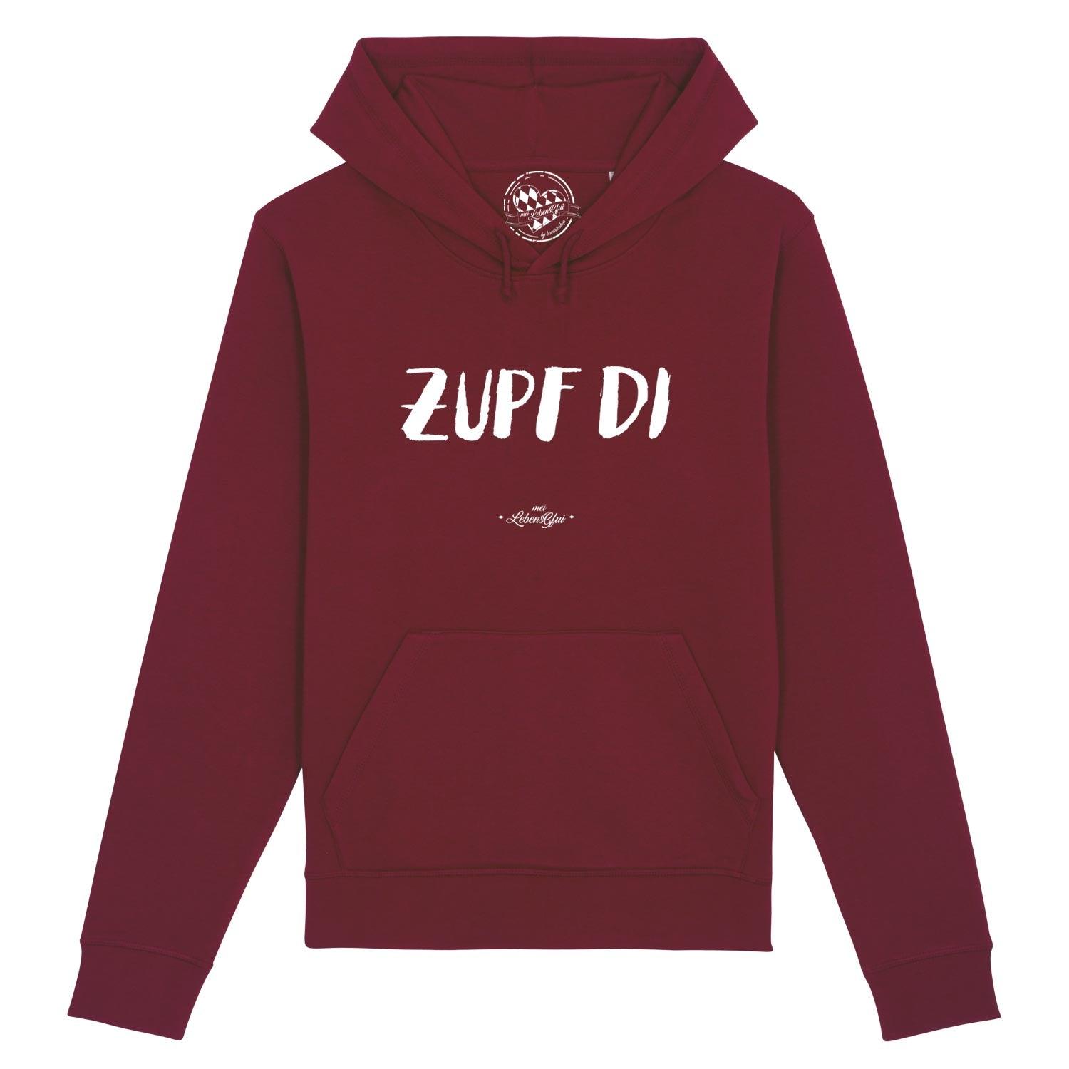 Dunkelroter Herren Hoodie Zupf di mit weißem Schriftzug und Kängurutasche, lässige Streetwear für Ihn.