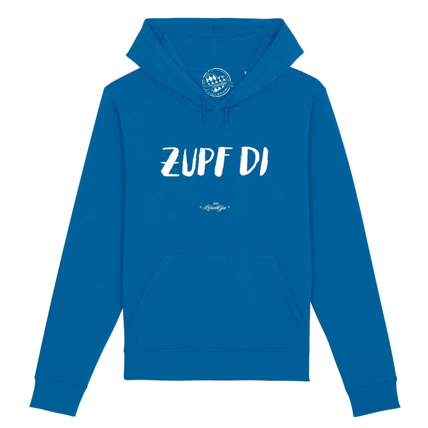 Herren Hoodie Zupf di in blau mit weißem Schriftzug und Kapuze, aus weichem Baumwollstoff.