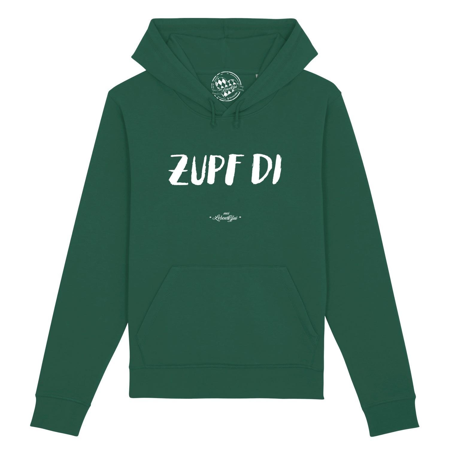 Dunkelgrüner Herren Hoodie Zupf di mit weißem Print und Kapuze, aus weicher Bio-Baumwolle.