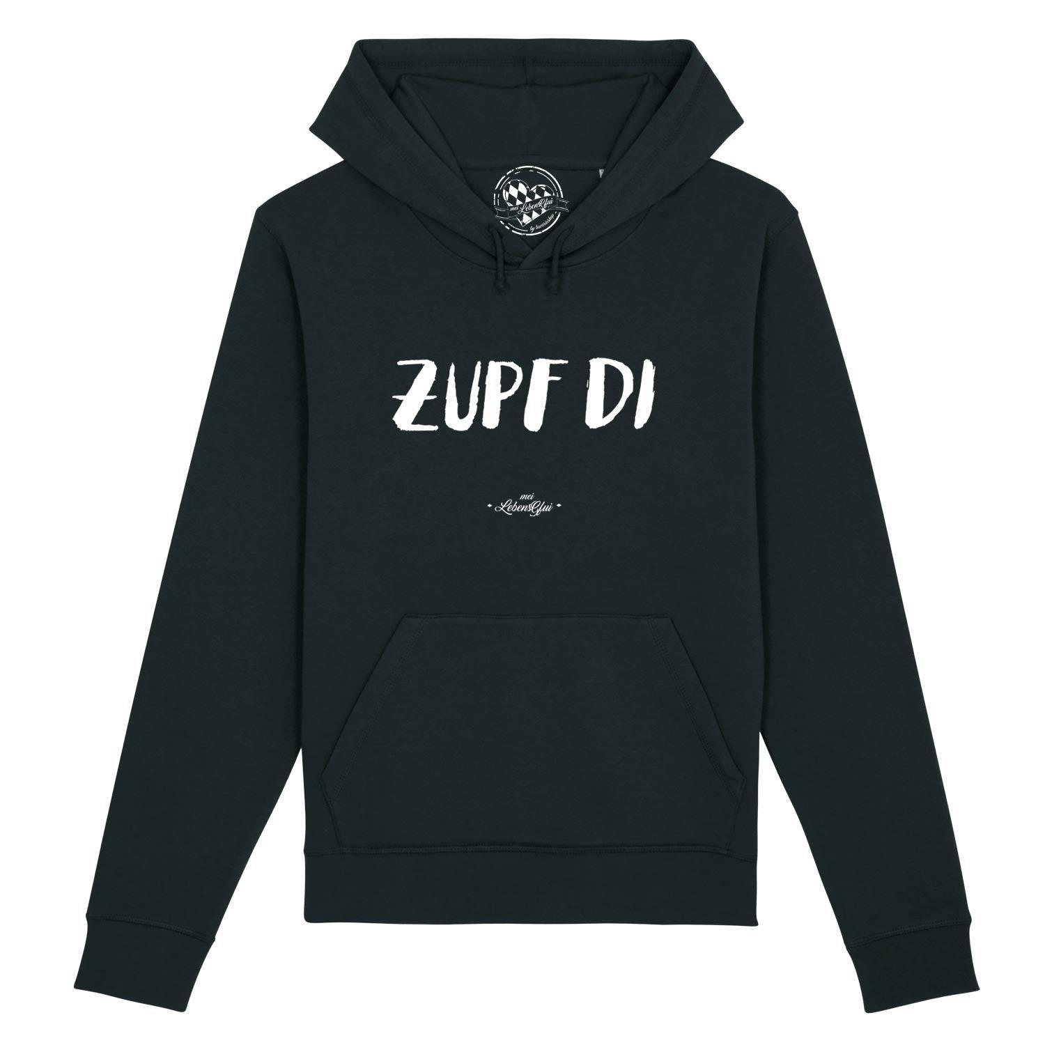 Dunkelblauer Herren Hoodie Zupf di mit weißem, bayerischem Schriftzug und Kängurutasche.