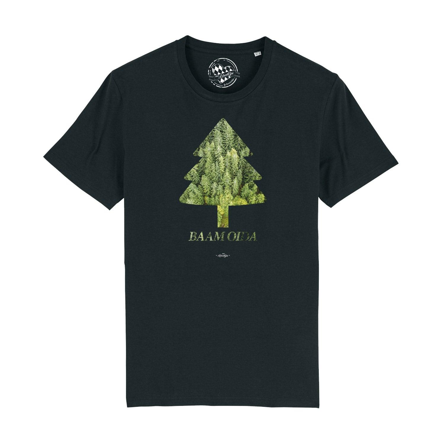 Schwarzes Herren T-Shirt BAAM OIDA mit grünem Baum-Motiv, das eine Waldlandschaft zeigt.