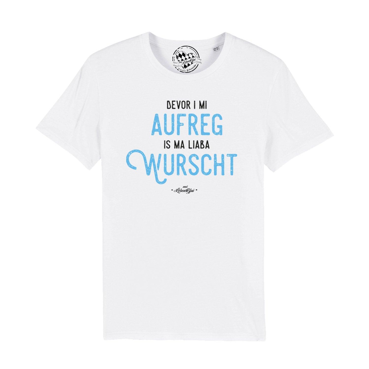 Herren T-Shirt "Bevor i mi aufreg..." in Weiß mit blauem Aufdruck in bayerischem Dialekt.