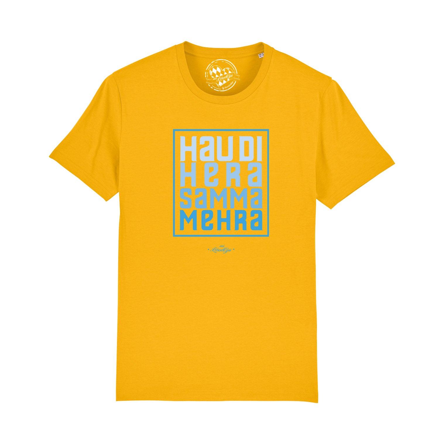Gelbes Herren T-Shirt "Hau di hera" mit blauem Schriftzug im rechteckigen Rahmen, moderner Print