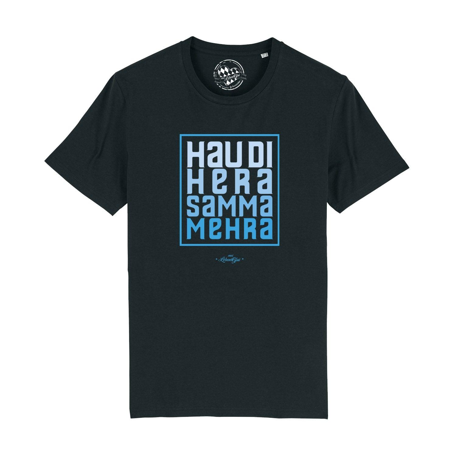 Schwarzes Herren T-Shirt Hau di hera mit blauem Druck und bayerischem Spruch in quadratischer Form.