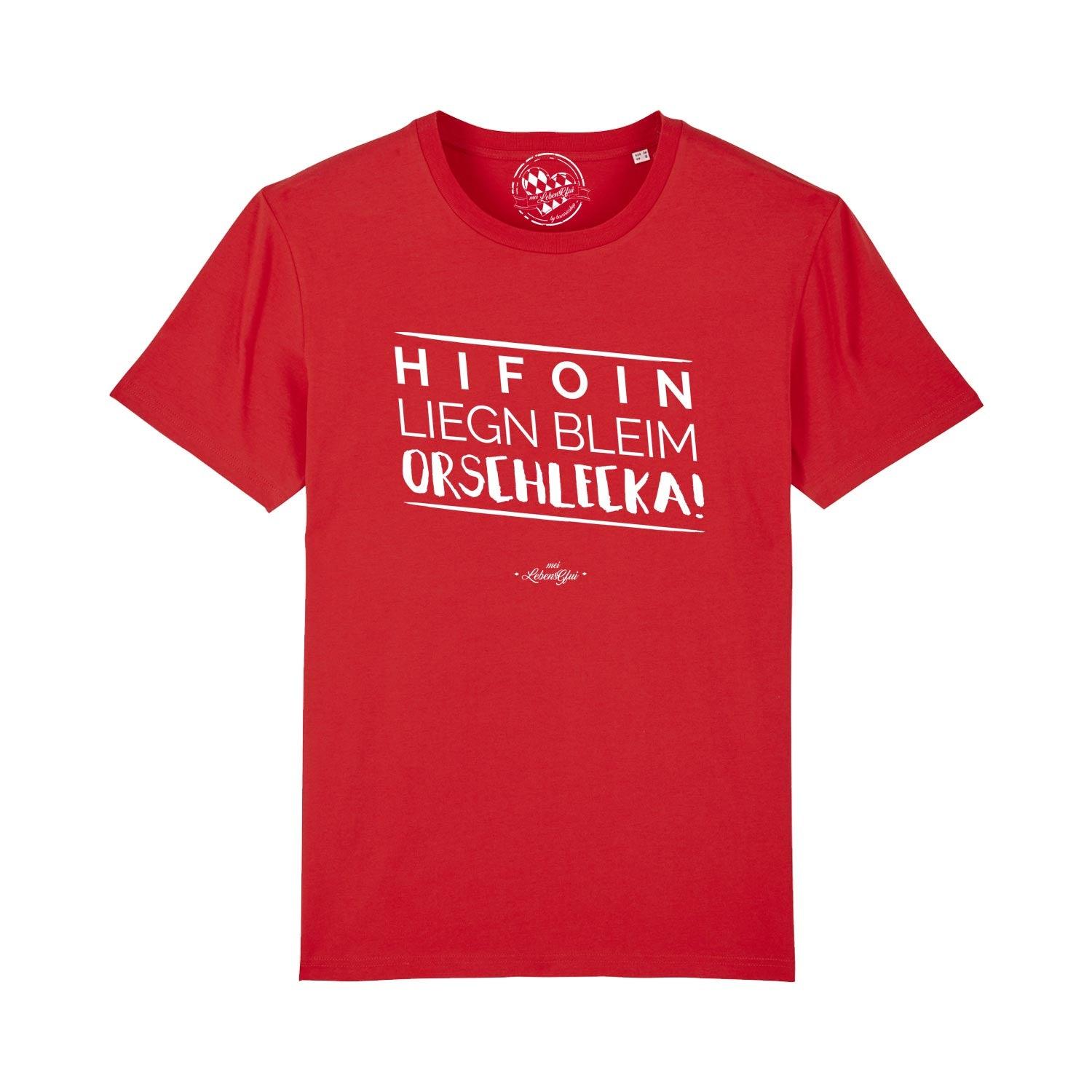 Rotes Herren T-Shirt "Hifoin liegn bleim Oarschlecka!" aus Baumwolle mit weißem Spruchprint.