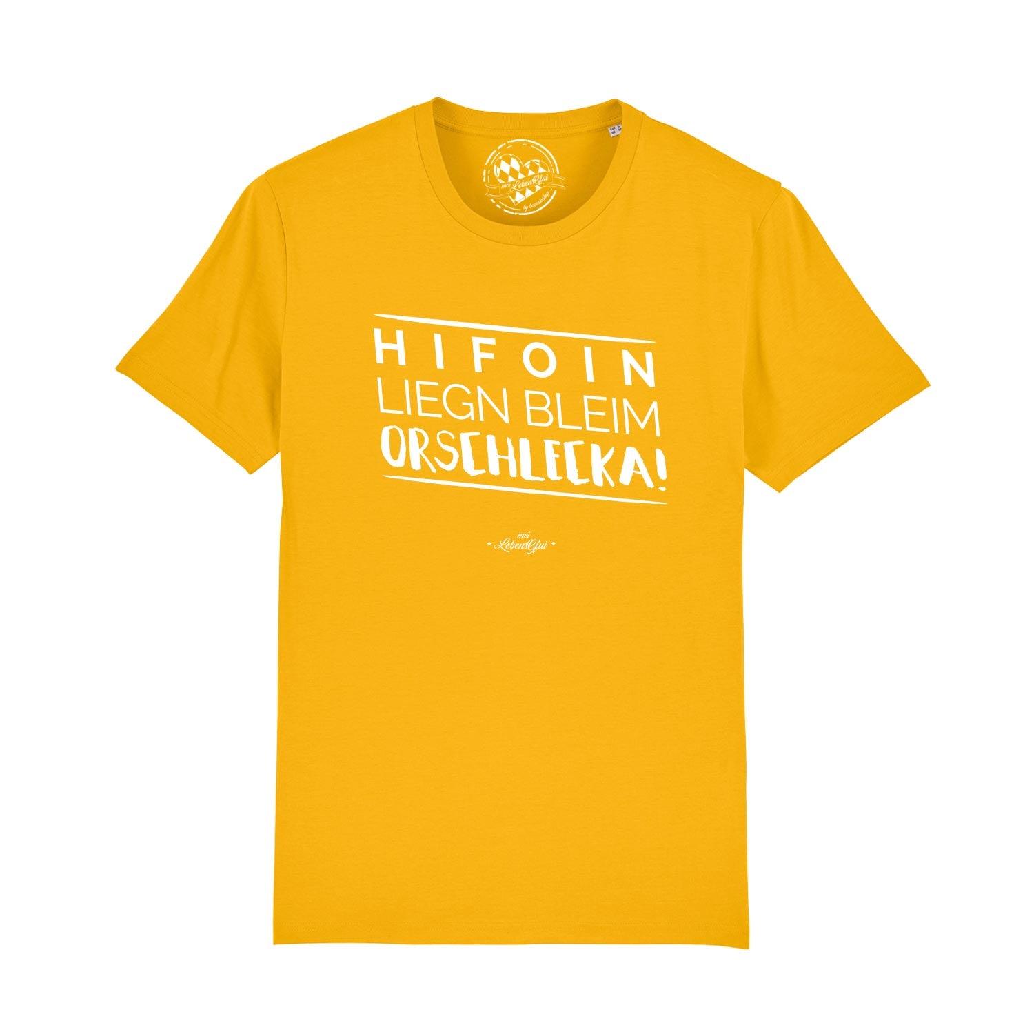 Gelbes Herren T-Shirt "Hifoin liegn bleim Orschlecka!" mit weißem, fetten Frontdruck und Rundhals.