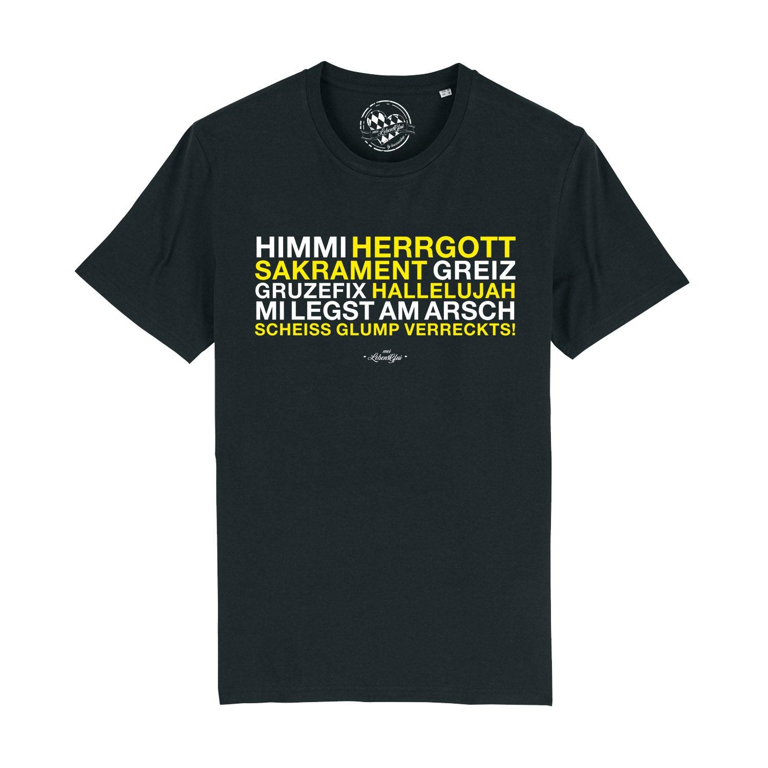 Schwarzes Herren T-Shirt Himmi Herrgott mit bayrischem Spruch in gelber Schrift und Label am Kragen.