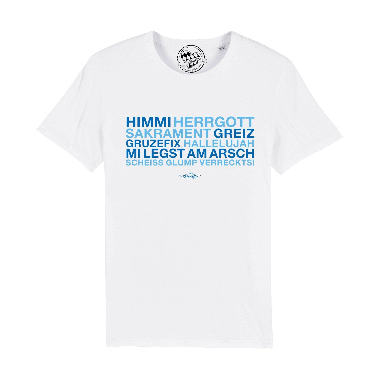 Herren T-Shirt "Himmi Herrgott" weiß mit blauem Textdruck bayerischer Schimpfwörter vorne