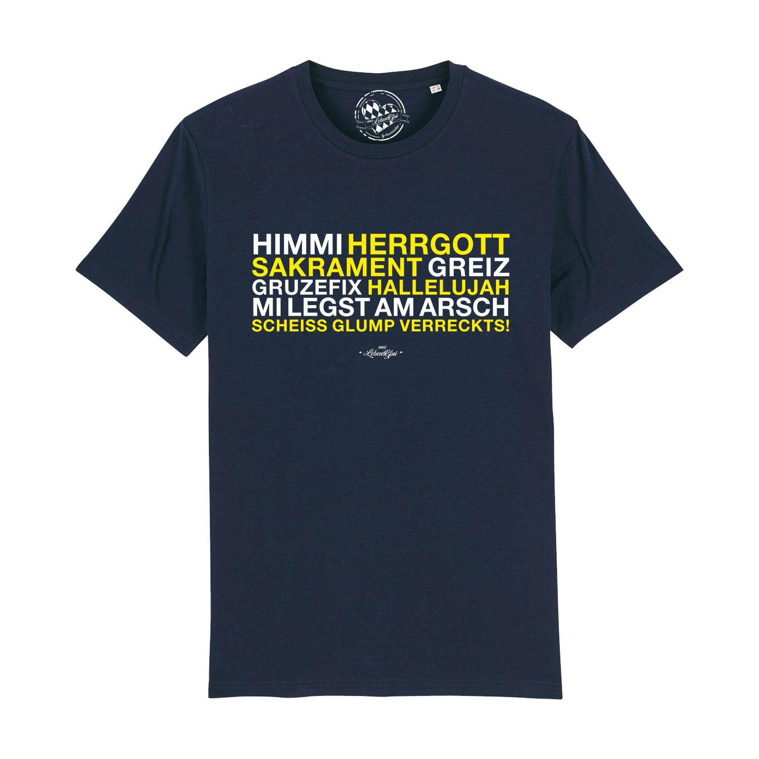 Herren T-Shirt "Himmi Herrgott" in Dunkelblau mit weiß-gelbem bayerischem Spruch auf der Brust.