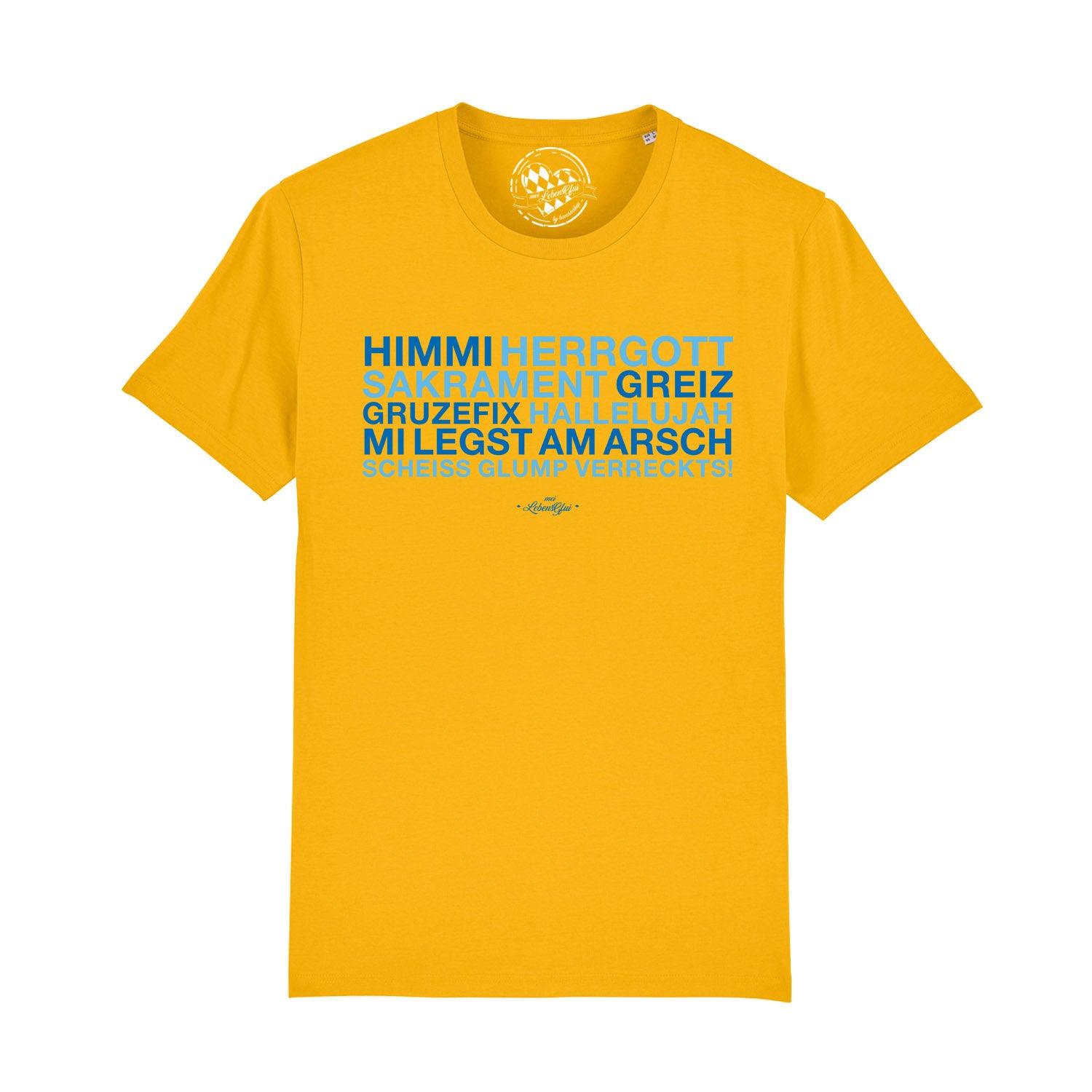 Herren T-Shirt "Himmi Herrgott" in Gelb mit bayrischem Spruch und markantem blauen Aufdruck.