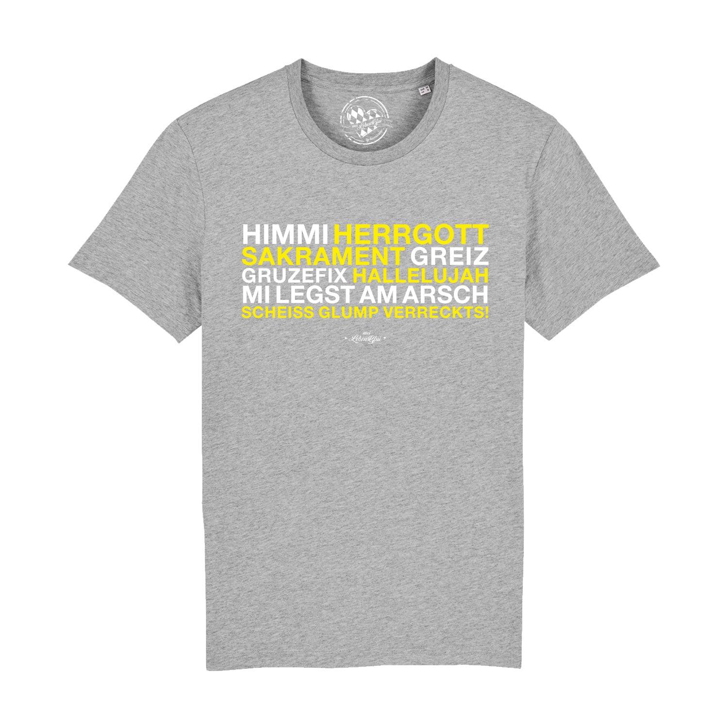 Graues Herren T-Shirt "Himmi Herrgott" mit gelbem Dialekt-Print für Herren mit Humor, Rundhals.