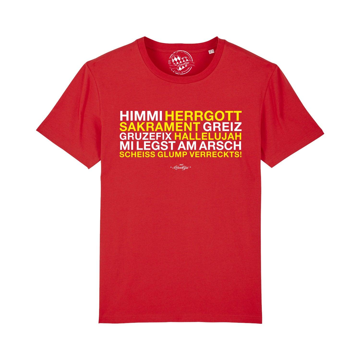 Rotes Herren T-Shirt "Himmi Herrgott" mit gelbem bayerischen Kraftausdruck-Aufdruck in Großbuchstaben auf der Vorderseite.