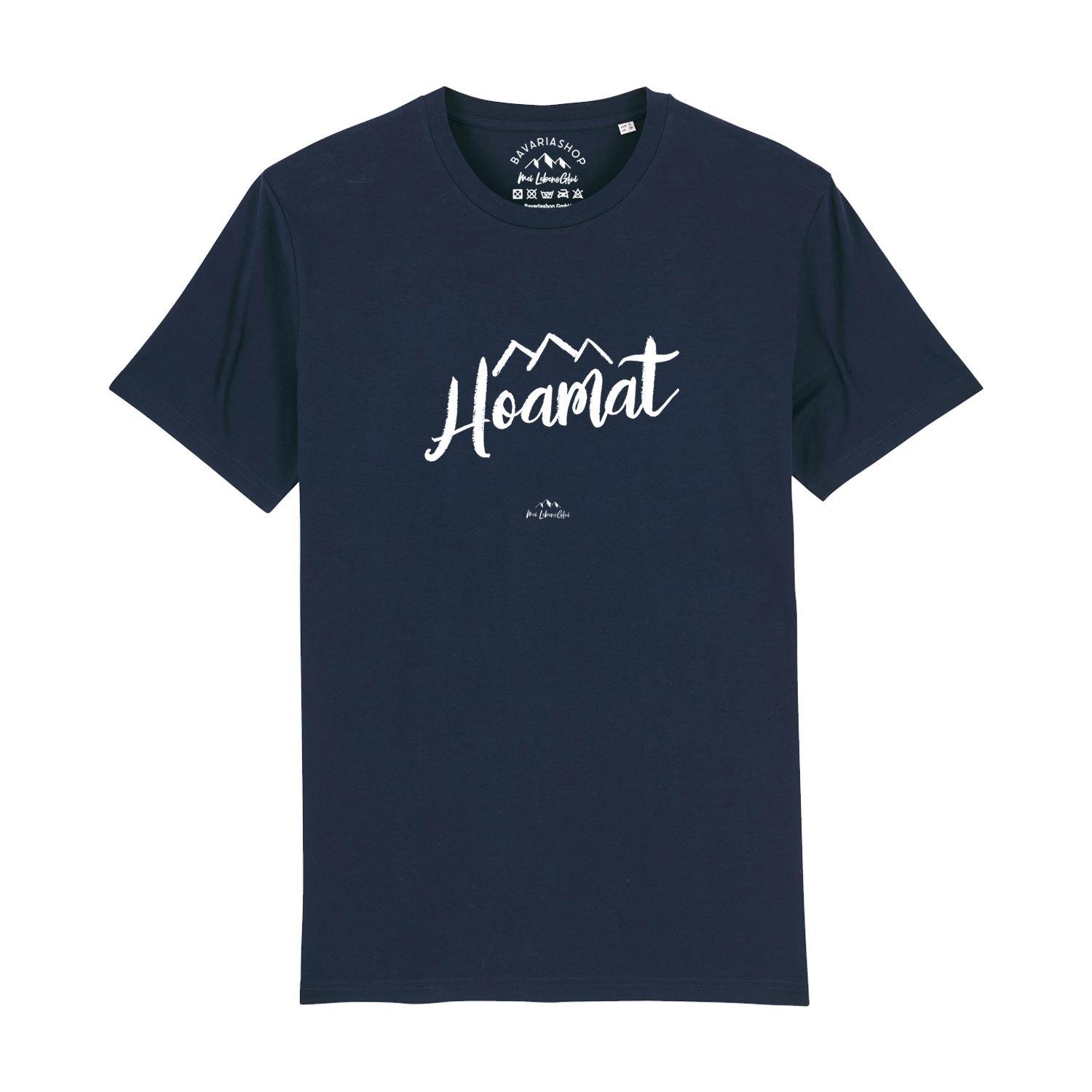 Dunkelblaues Herren T-Shirt "Hoamat" mit weißem Schriftzug und Bergmotiv, ideal für Freizeit und Outdoor.