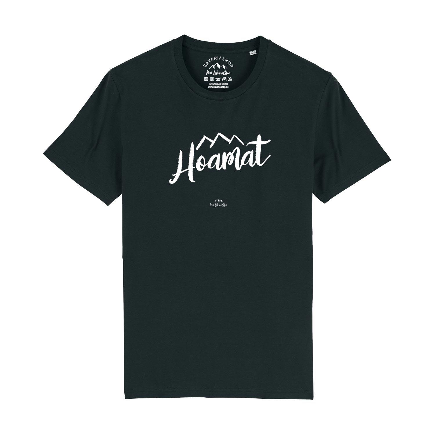 Schwarzes Herren T-Shirt Hoamat mit weißem Schriftzug und Bergmotiv, weiche Baumwolle.