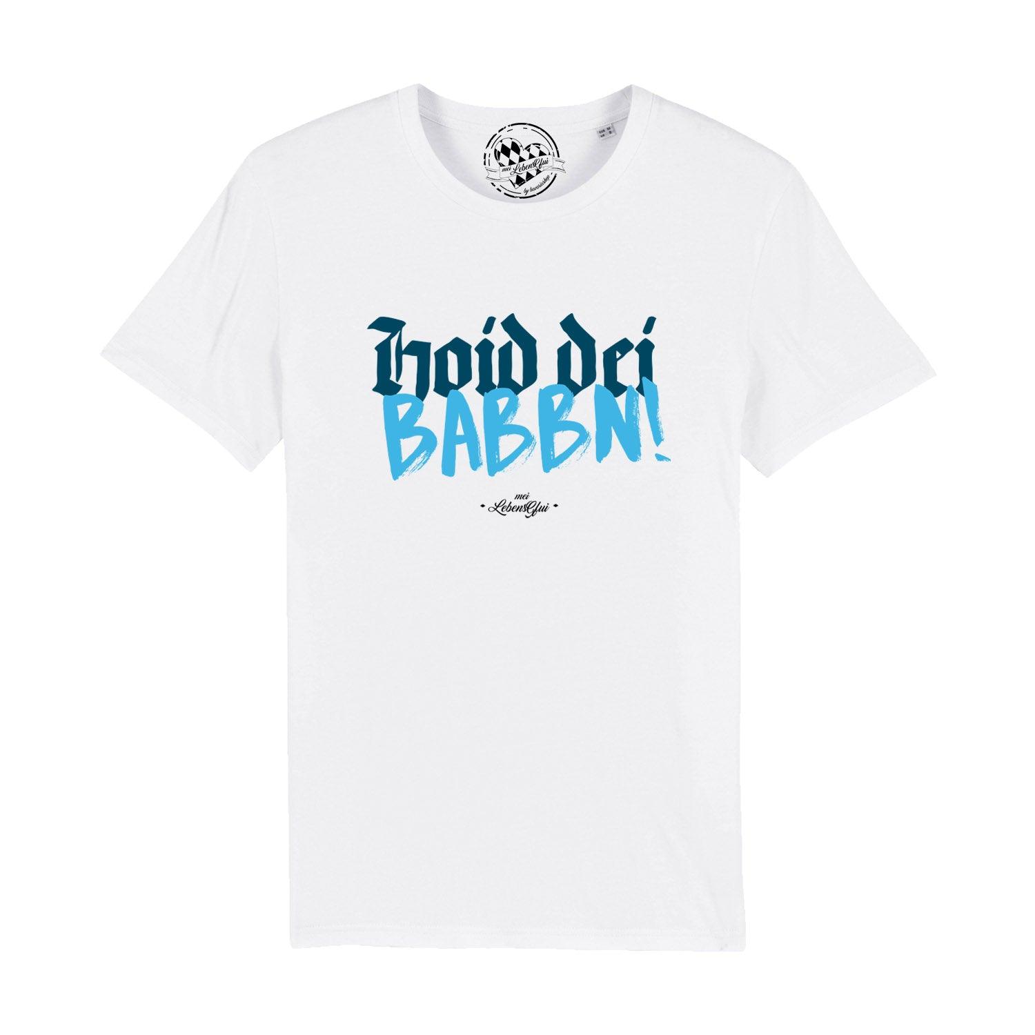 Herren T-Shirt Hoid dei Babbn in Weiß mit blauem Schriftzug und Rundhalsausschnitt aus Baumwolle.