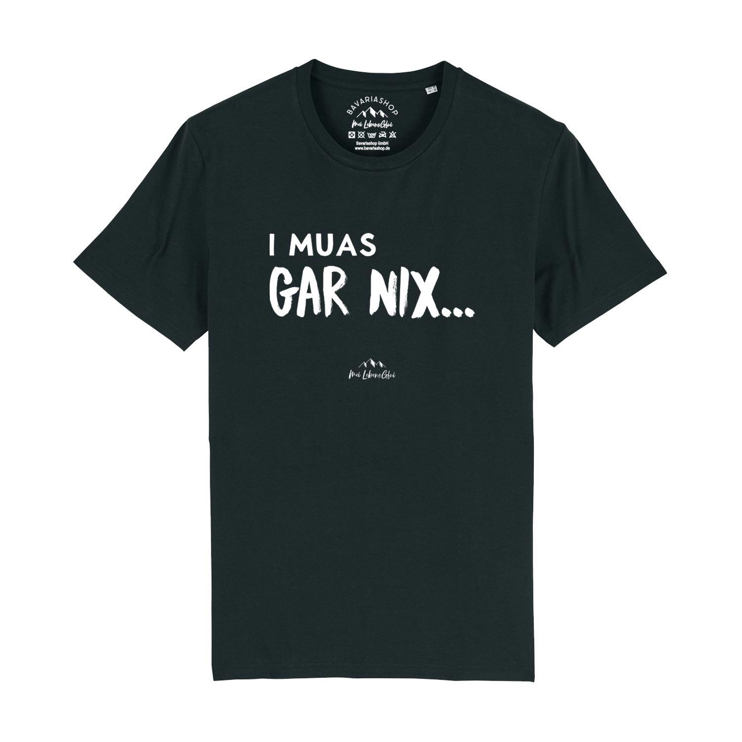 Schwarzes Herren T-Shirt I muas gar nix mit weißem Spruch und Logo-Print aus Baumwolle für Männer.