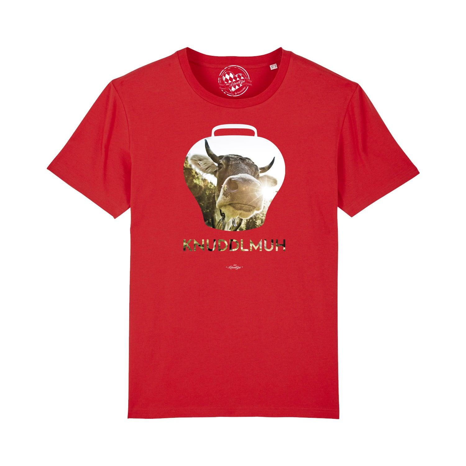 Rotes Herren T-Shirt Knuddlmuh mit Kuhkopf-Aufdruck in Glockenform und "KNUHHDLMUH" Schriftzug.