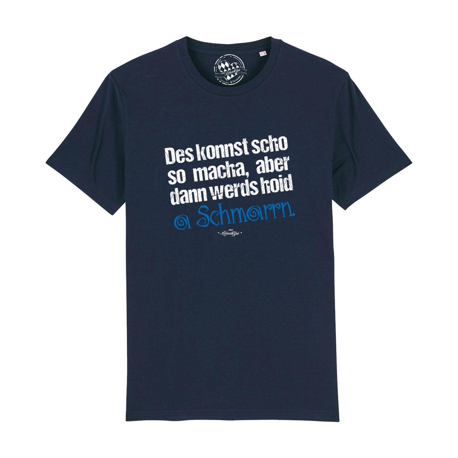 Dunkelblaues Herren T-Shirt "Konnst scho so macha" mit weißem Textaufdruck und kleinem Logo.
