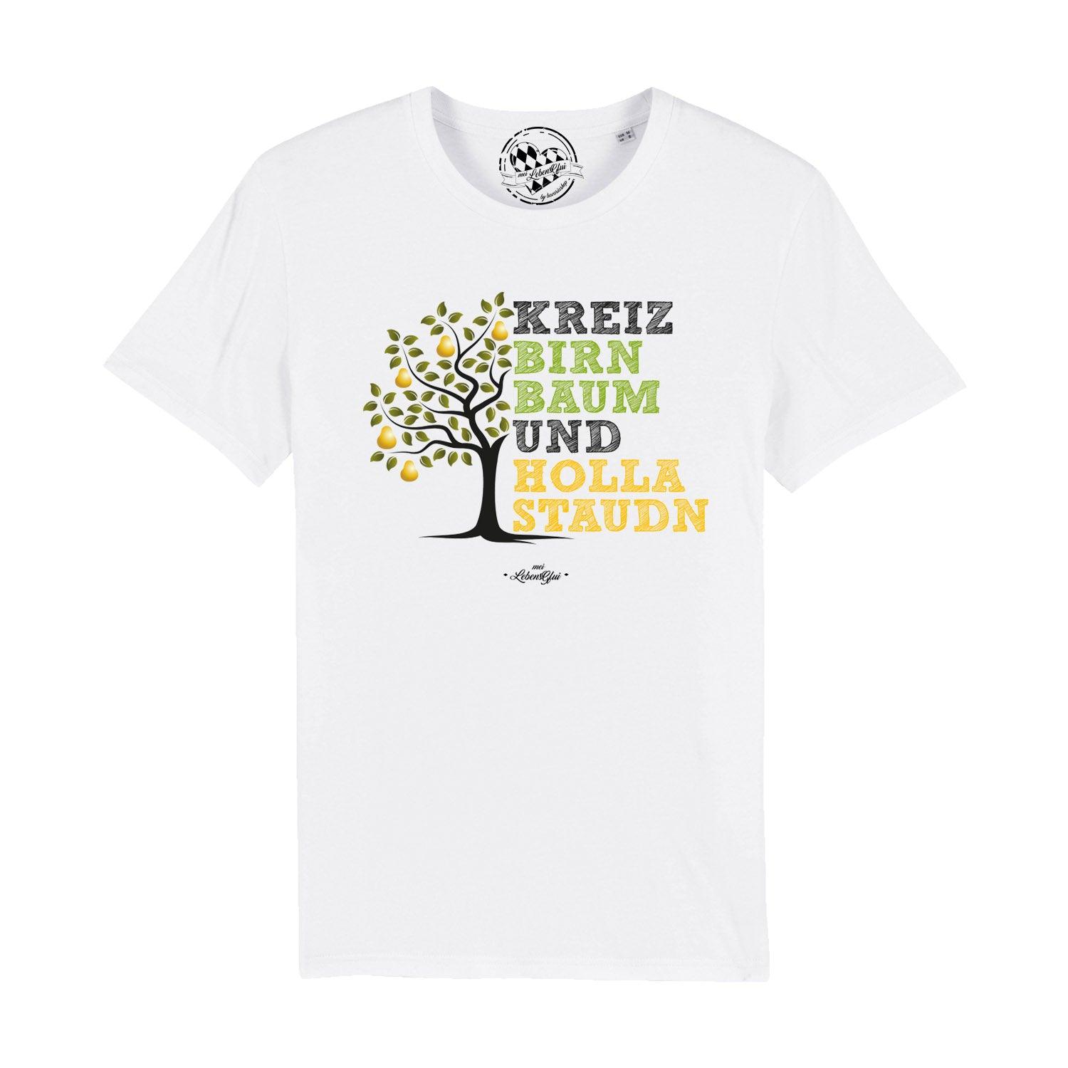 Weißes Herren T-Shirt "Kreizbirnbaum" mit Birnbaum-Motiv und Schriftzug in Grün und Gelb.