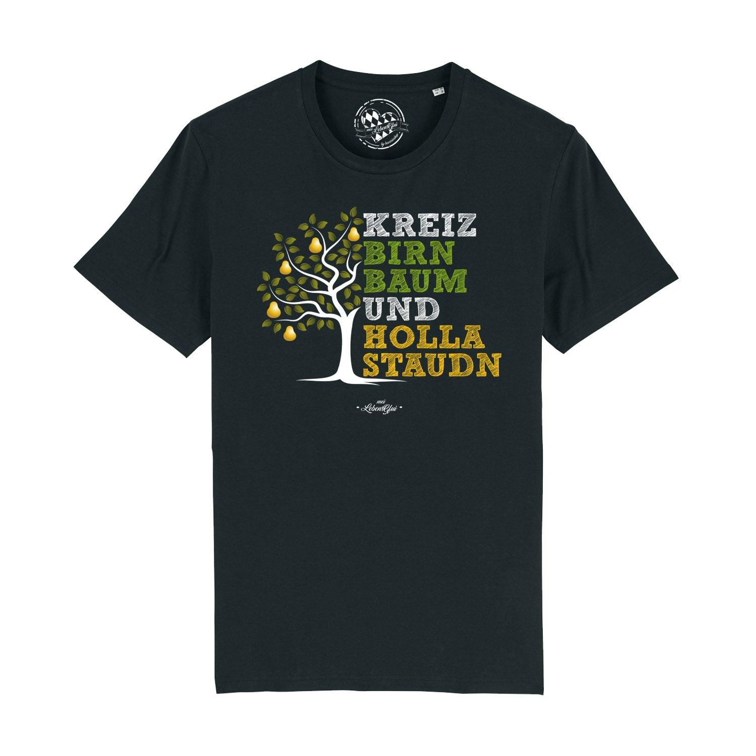 Schwarzes Herren T-Shirt "Kreizbirnbaum" mit weißem Birnbaum-Print und Schriftzug auf der Brust gedruckt.