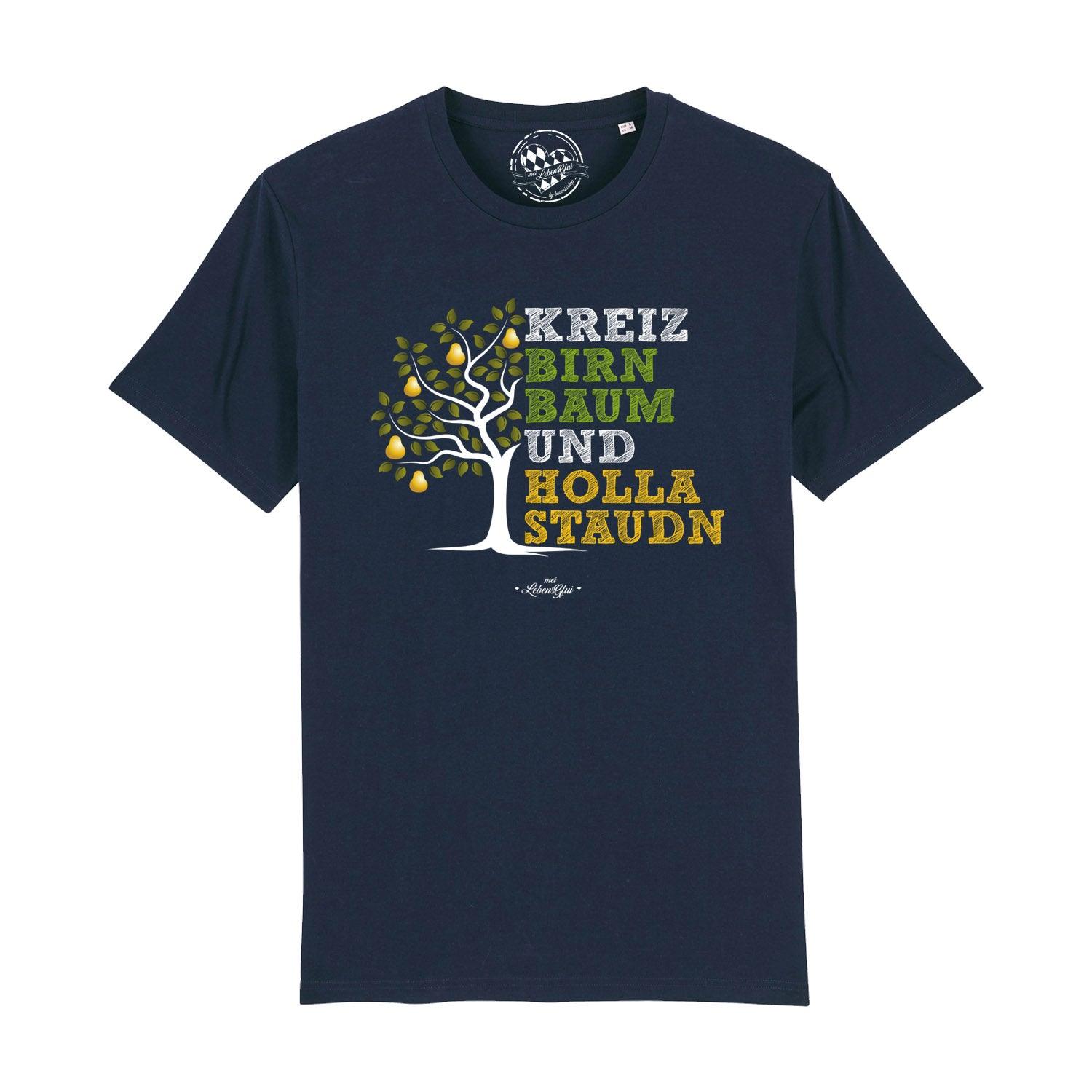 Dunkelblaues Herren T-Shirt "Kreizbirnbaum" mit hellem Aufdruck eines Birnbaums und bayerischem Spruch.