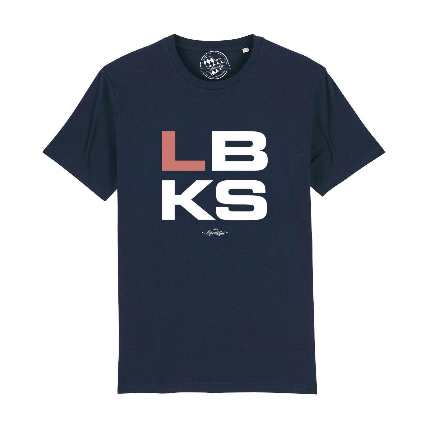 Dunkelblaues Herren T-Shirt "LBKS" mit großem, markanten weißen und terracottafarbenen LBKS-Logo auf der Brust.