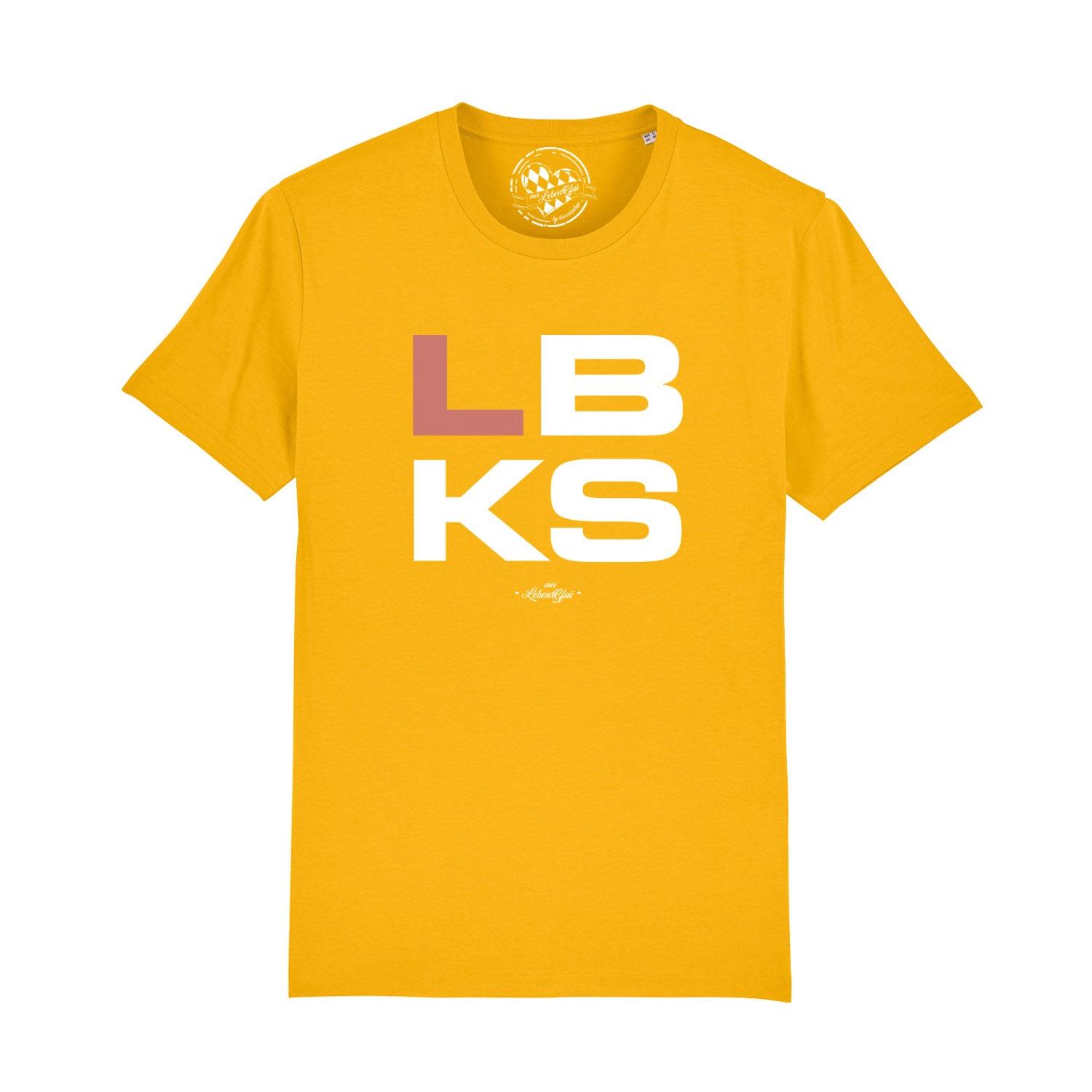 Senfgelbes Herren T-Shirt "LBKS" mit großem, weißem und rosa Initialdruck vorne, Rundhalsausschnitt