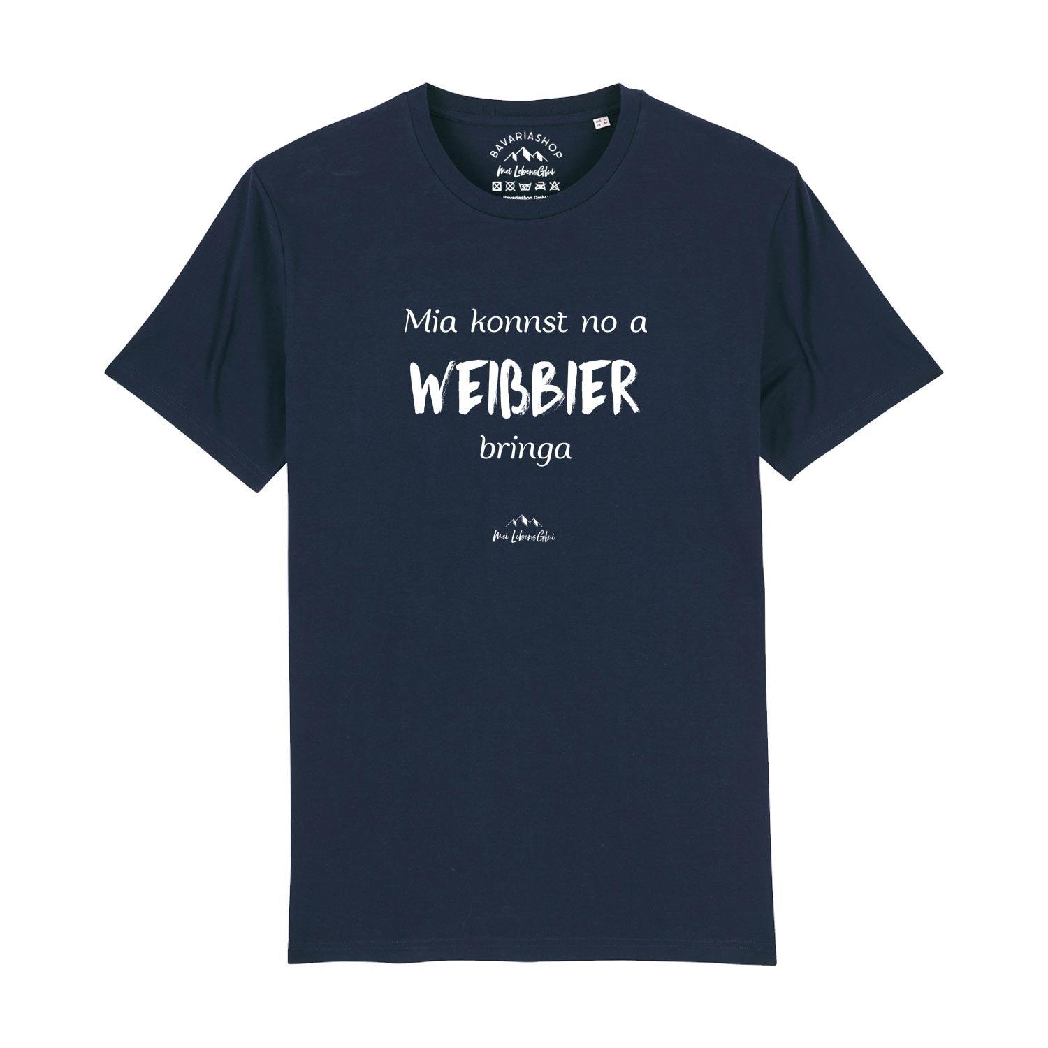Dunkelblaues Herren T-Shirt Mia konnst no a Weißbier bringa mit weißem Spruch und Alpenlogo, Rundhalsausschnitt.