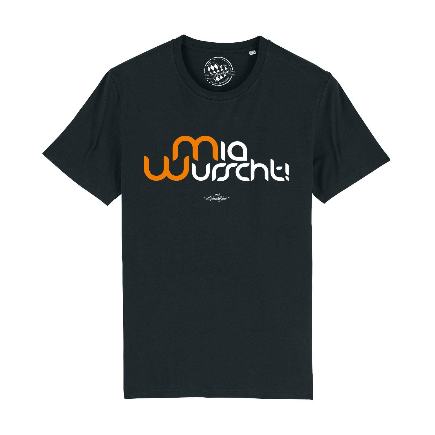 Schwarzes Herren T-Shirt Mia Wurscht mit orangefarbenem Schriftzug und kleinem weißem Markenlogo auf der Brust.