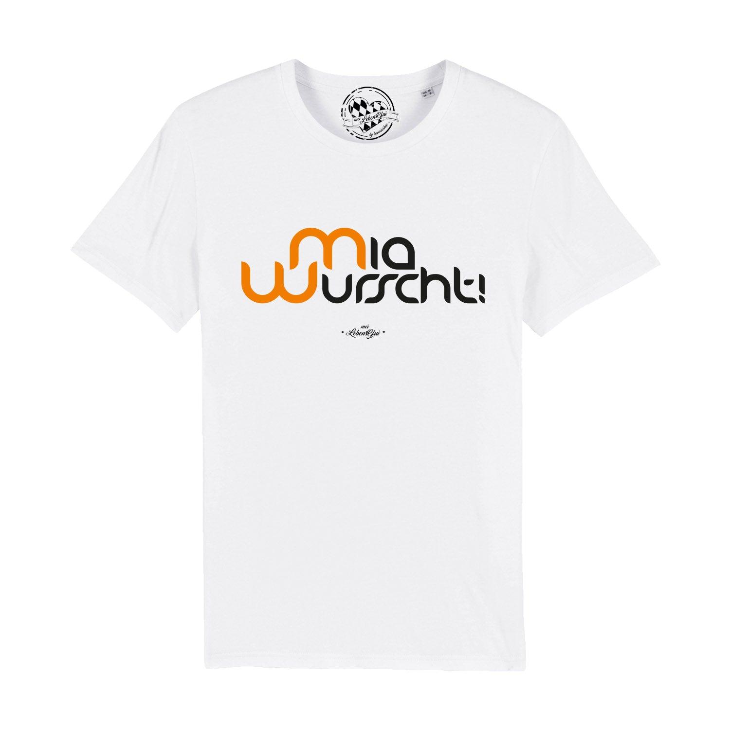 Weißes Herren T-Shirt Mia Wurscht! mit orange/schwarzem Aufdruck und Rundhalsausschnitt aus Baumwolle.