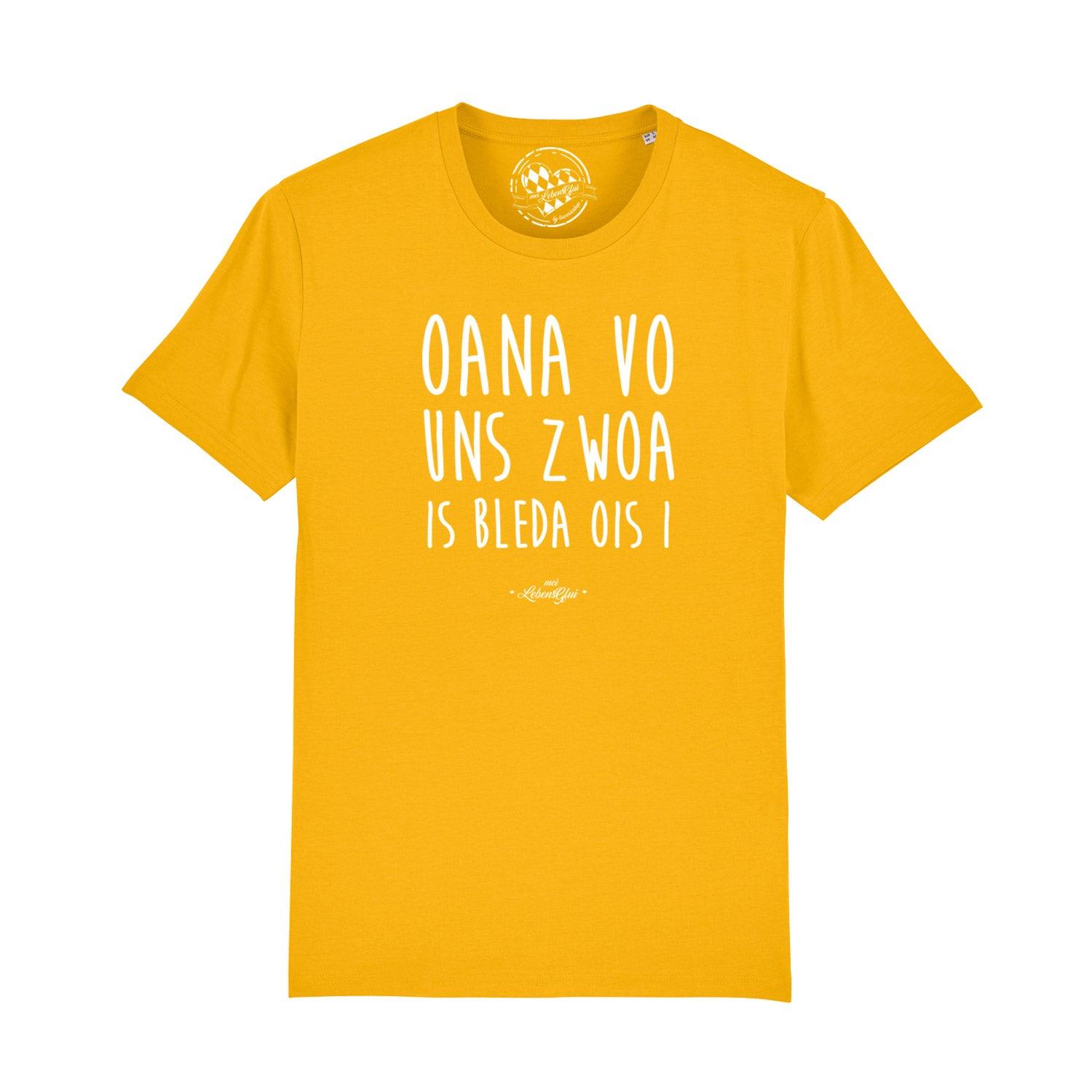 Gelbes Herren T-Shirt "Oana vo uns zwoa..." mit bayerischem Spruch in Weiß für Trachtenmode