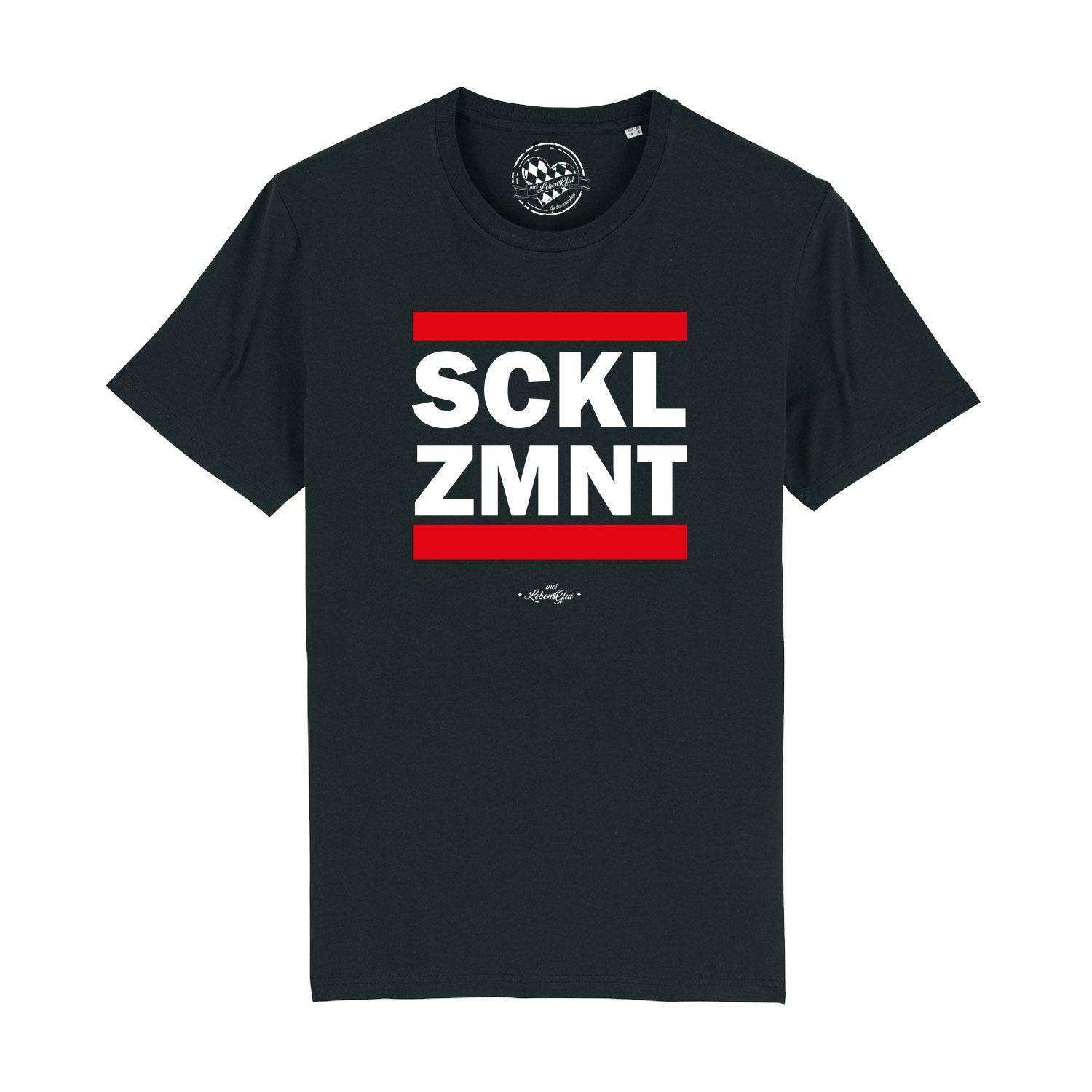 Schwarzes Herren T-Shirt "Sacklzement" mit weißem Schriftzug und roten Streifen, Rundhalsausschnitt.