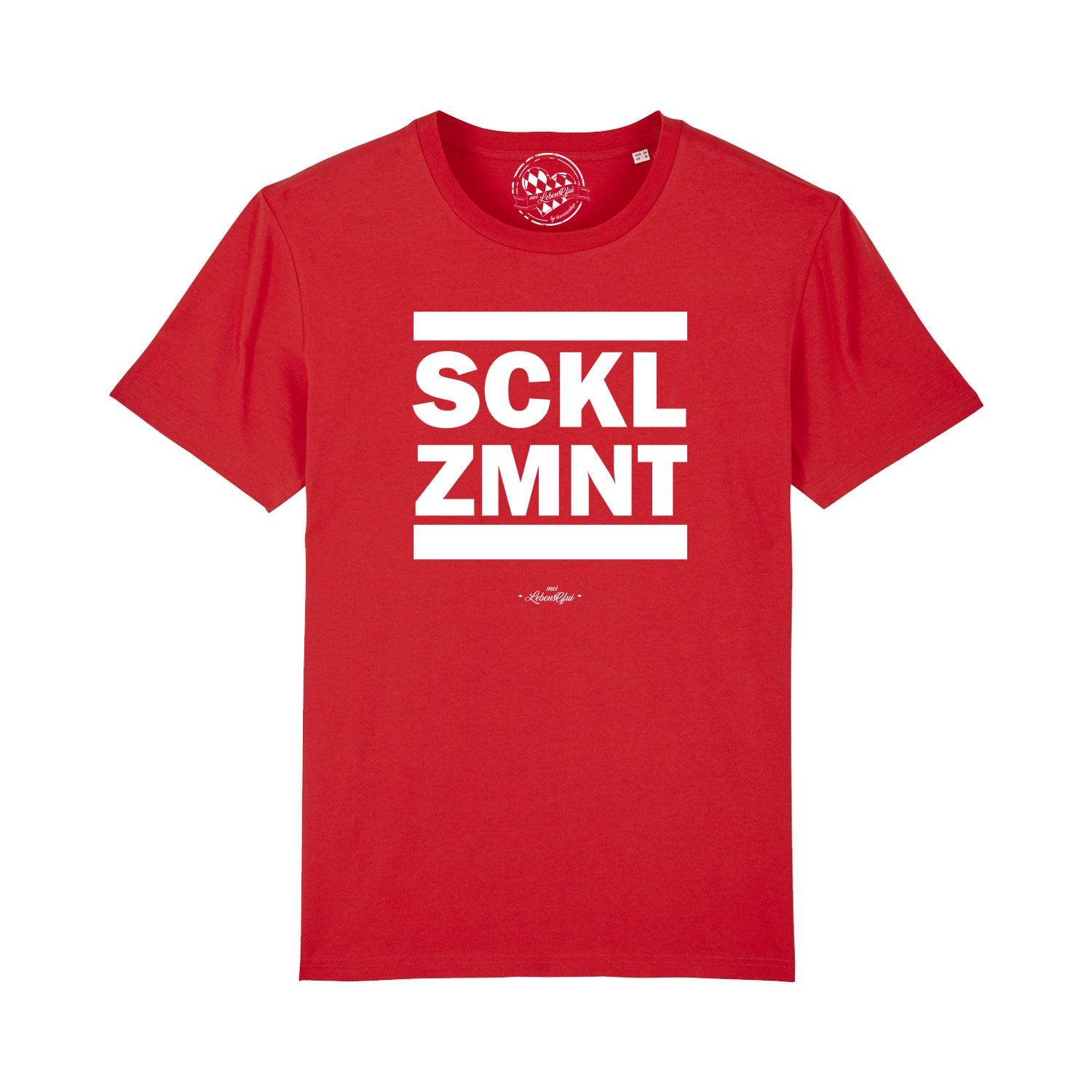 Schwarzes Herren-T-Shirt mit weißem Schriftzug „Sacklzement“, Rundhalsausschnitt, aus 100 % Bio-Baumwolle.