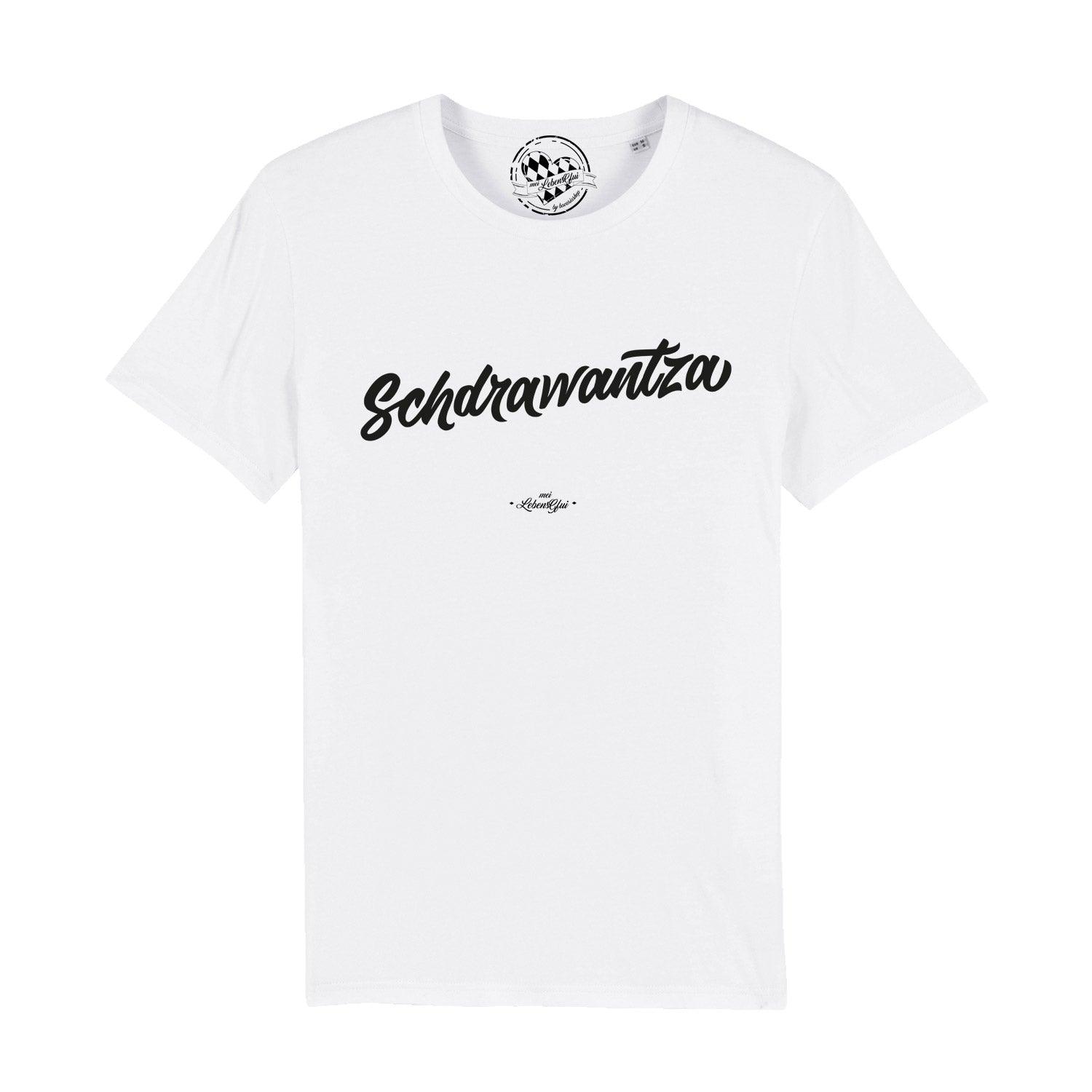 Weißes Herren T-Shirt Schdrawantza mit schwarzem, geschwungenem Schriftzug und kleinem Etikett am Kragen.