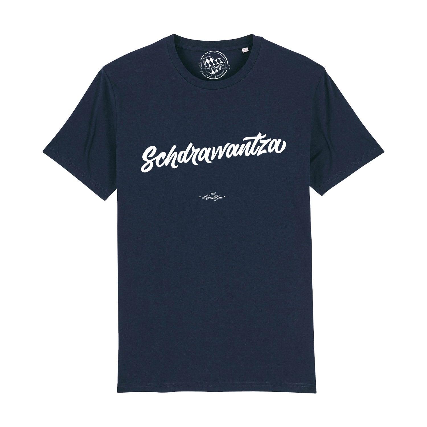 Dunkelblaues Herren T-Shirt Schdrawantza mit weißem Schriftzug auf der Vorderseite und Rundhalsausschnitt.