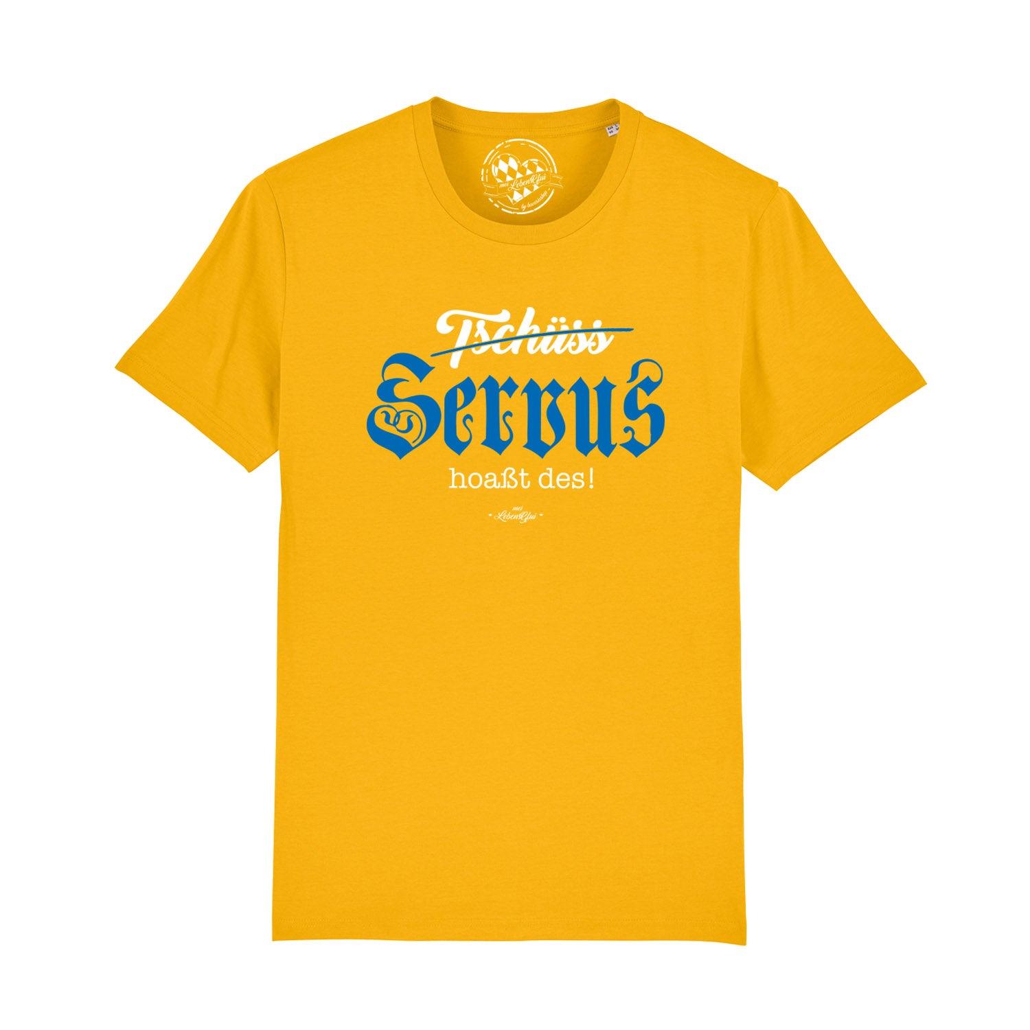 Herren T-Shirt Servus hoaßt des! in Gelb mit blau-weißem Schriftzug und bayerischem Motiv, Kurzarm