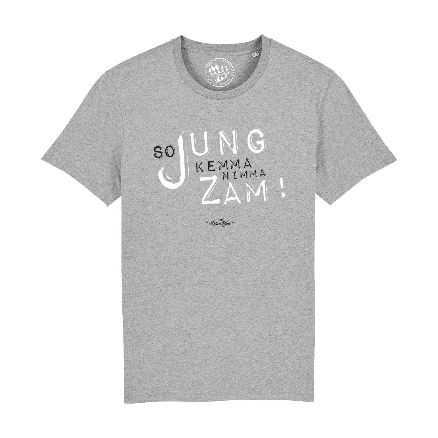 Graues Herren T-Shirt So jung mit schwarzem und weißem Aufdruck So jung kemma nimma zam! locker fallend