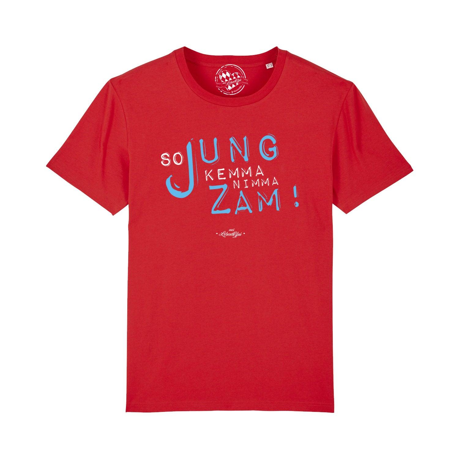 Rotes Herren T-Shirt So jung mit blauer Aufschrift So jung kemma nimma zam und weißem Logo am Nacken.