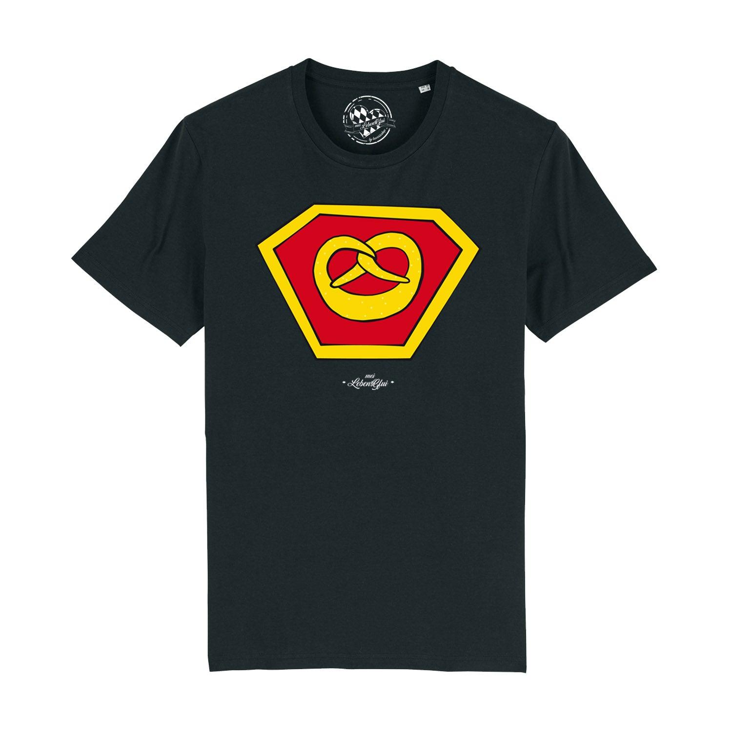 Herren T-Shirt Super-Brezn in Schwarz mit gelb-rotem Brezen-Logo auf der Brust.