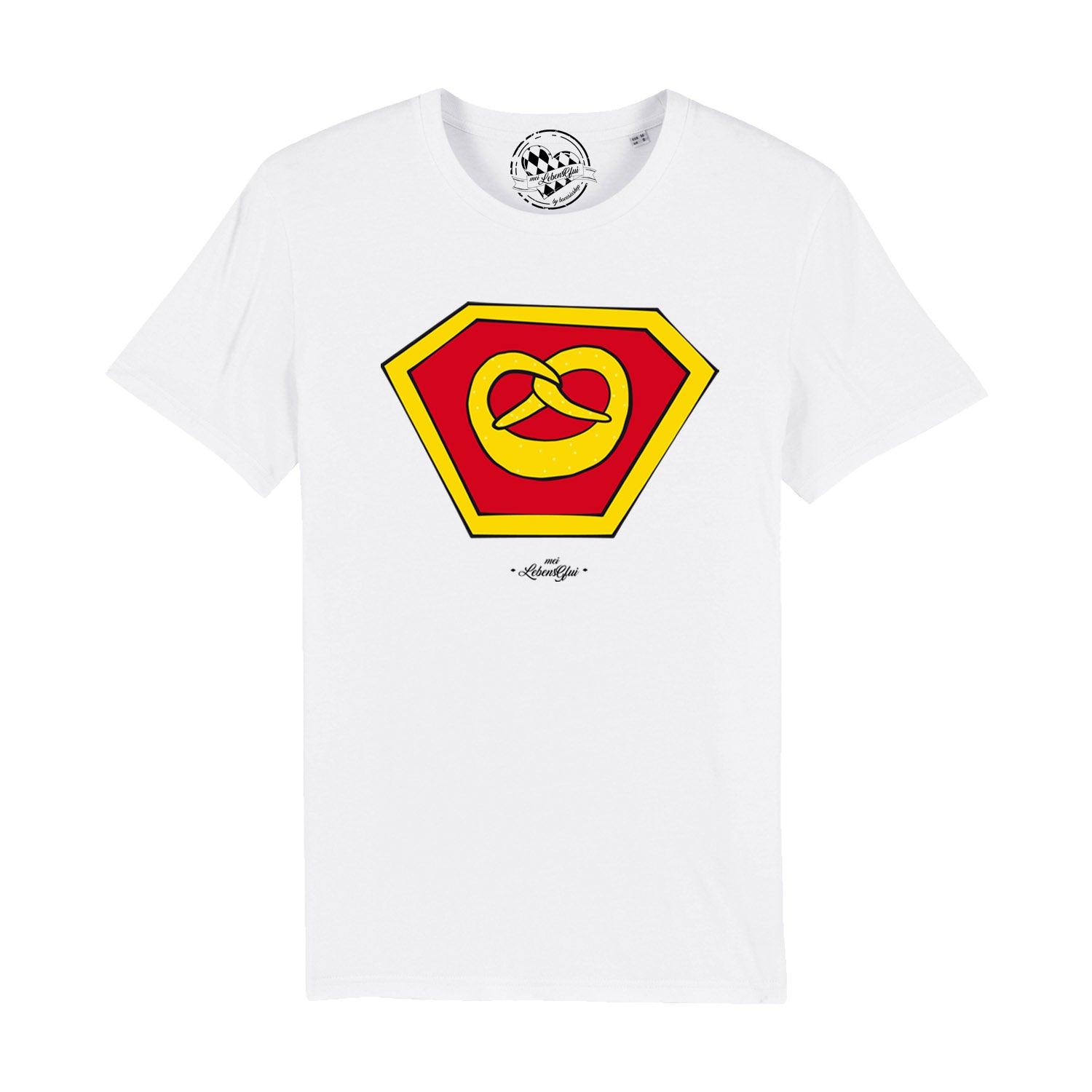 Herren T-Shirt Super-Brezn aus weißer Baumwolle mit gelbem Brezel-Motiv in rotem Superhelden-Schild.