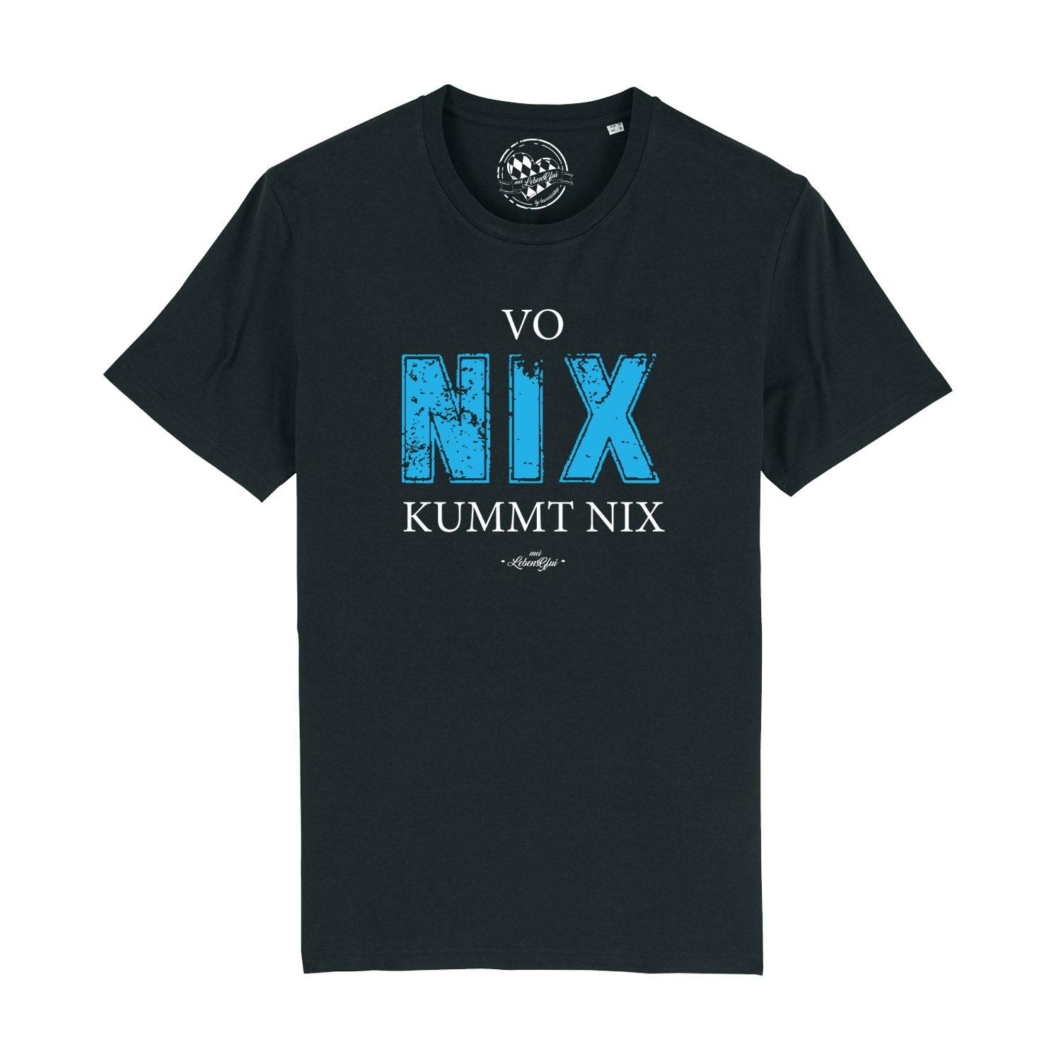 Schwarzes Herren T-Shirt "Vo nix kummt nix" mit blau-weißem Statement-Druck, ideal für Freizeitlooks.