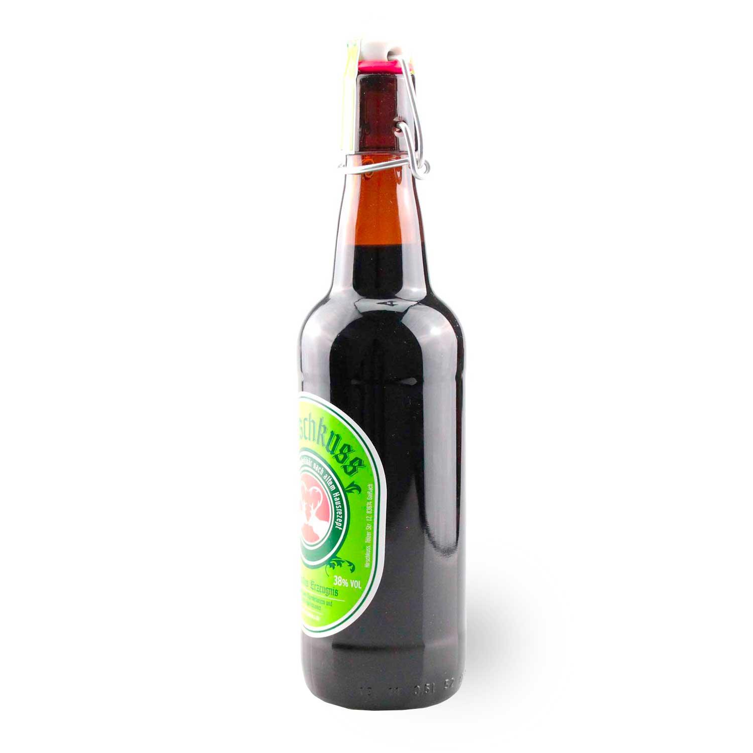 Braunglasflasche Hirschkuss Kräuterlikör mit grünem Etikett, Klappverschluss und 38% Vol. Alkoholgehalt.