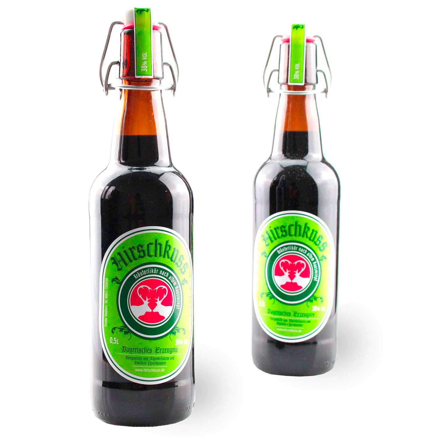 Zwei Flaschen Hirschkuss Kräuterlikör (0,5 Liter, 38 % vol) mit Bügelverschluss und grünem Etikett