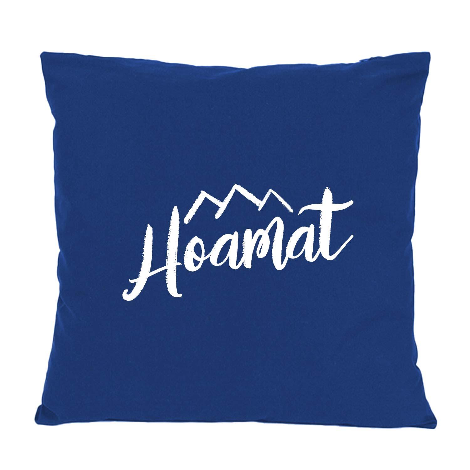 Dunkelblaues Kissen "Hoamat" mit weißem Schriftzug und Bergmotiv, gemütliches Dekokissen.